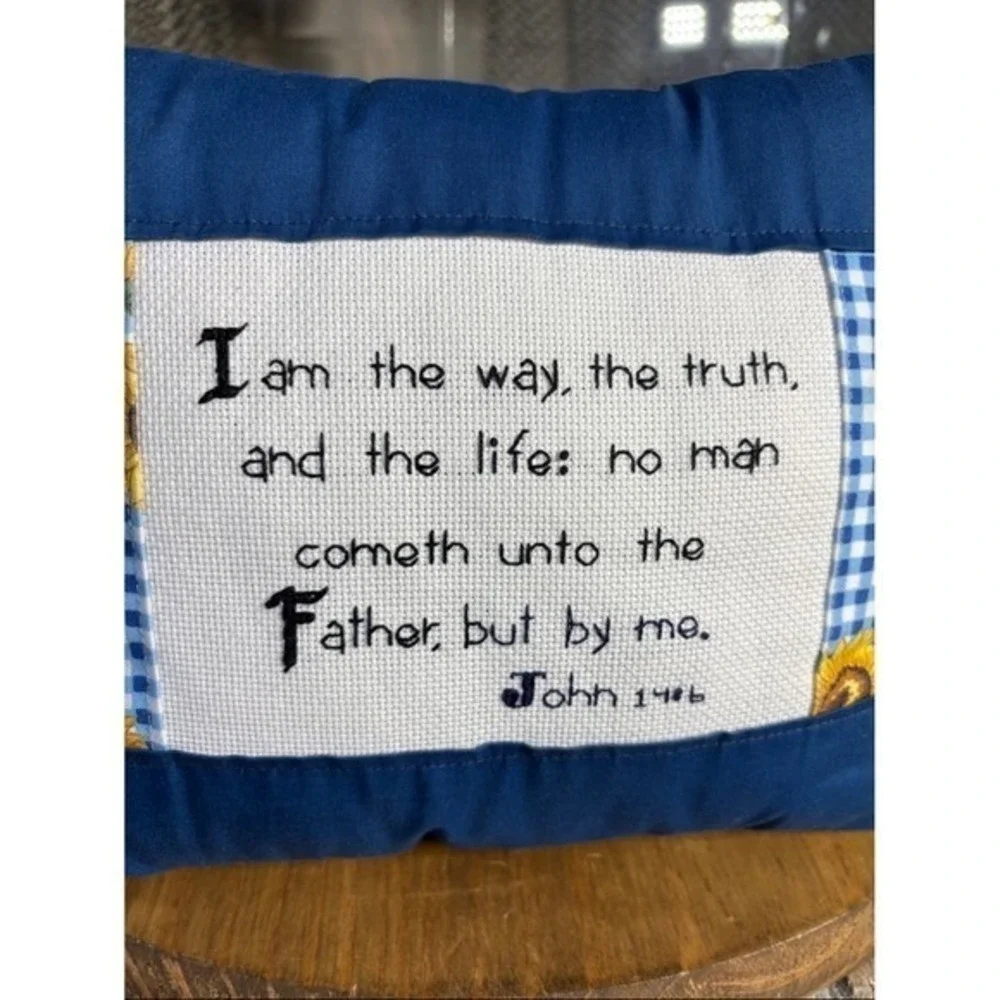 Handmade‎ Cross Stitch Scripture John 14:6 Accent Pillow w/Sunflowers Blue NWOT